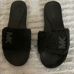 Michael Kors Black Fur Slide Sandals with Logo
